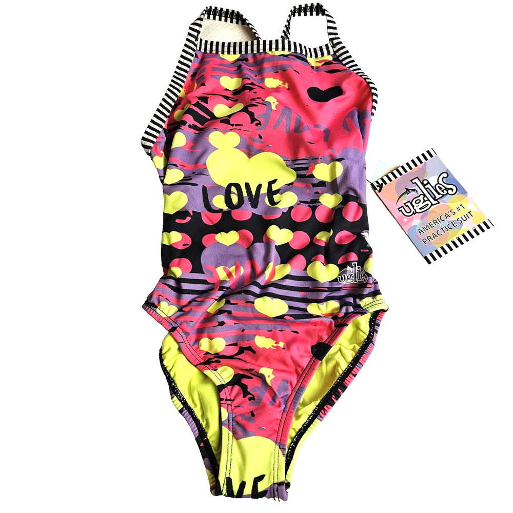 Uglies By Dolfin GIrls One Piece Bathing Suit Sz 30 (14) Love Heart UPF 50